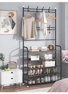 EXCLIFE Shoe Rack Stand Entryway Hall Tree 5-Tier Shoe Storage Organizer Shelf with 8 Hanger Hooks for Clothes Hat Scarf Umbrella Bag Hanging  - Image 2