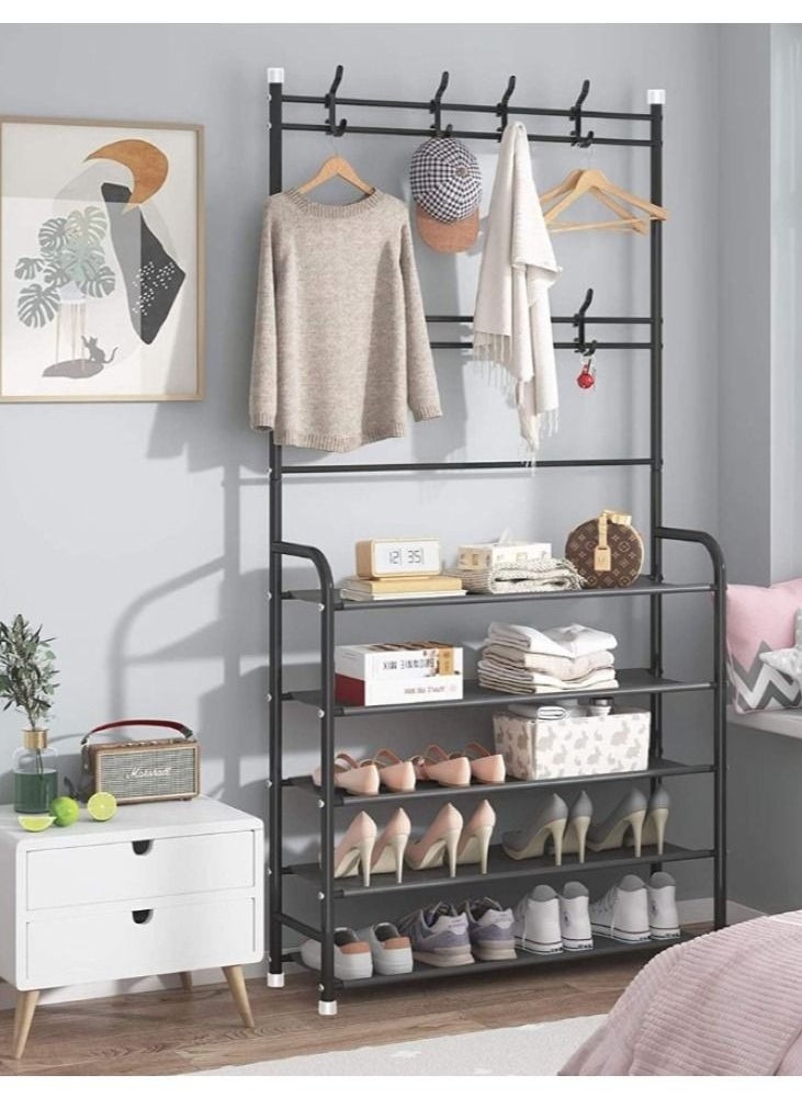 EXCLIFE Shoe Rack Stand Entryway Hall Tree 5-Tier Shoe Storage Organizer Shelf with 8 Hanger Hooks for Clothes Hat Scarf Umbrella Bag Hanging  - Image 2