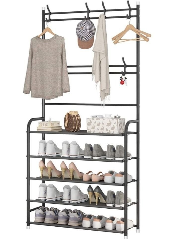 EXCLIFE Shoe Rack Stand Entryway Hall Tree 5-Tier Shoe Storage Organizer Shelf with 8 Hanger Hooks for Clothes Hat Scarf Umbrella Bag Hanging - Image 1