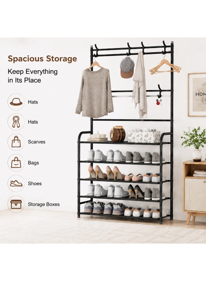 EXCLIFE Shoe Rack Stand Entryway Hall Tree 5-Tier Shoe Storage Organizer Shelf with 8 Hanger Hooks for Clothes Hat Scarf Umbrella Bag Hanging - Image 4