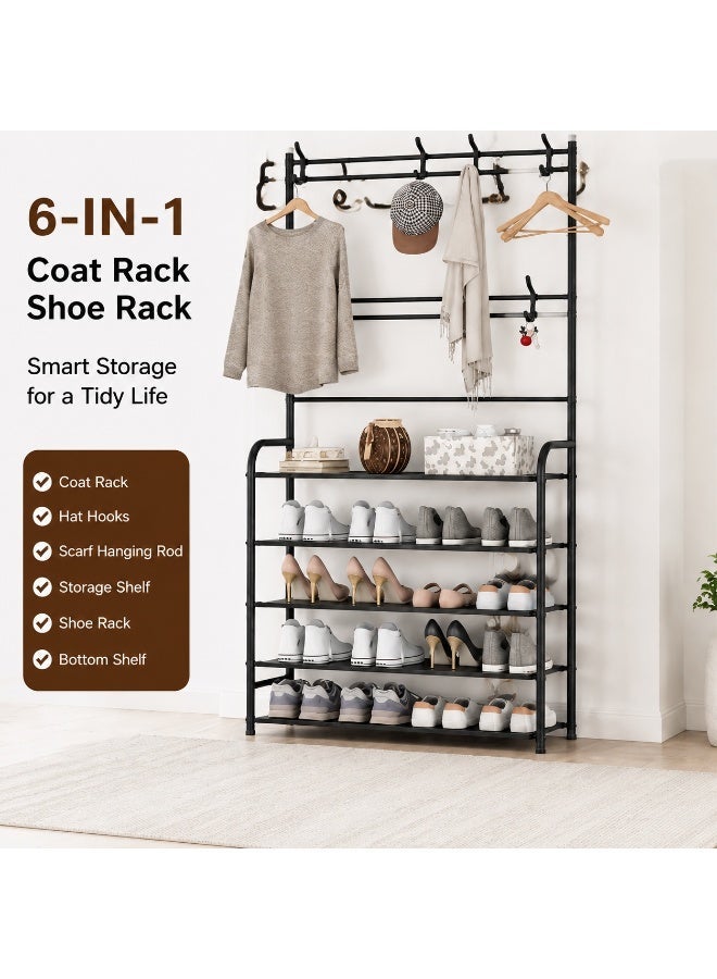 EXCLIFE Shoe Rack Stand Entryway Hall Tree 5-Tier Shoe Storage Organizer Shelf with 8 Hanger Hooks for Clothes Hat Scarf Umbrella Bag Hanging - Image 3