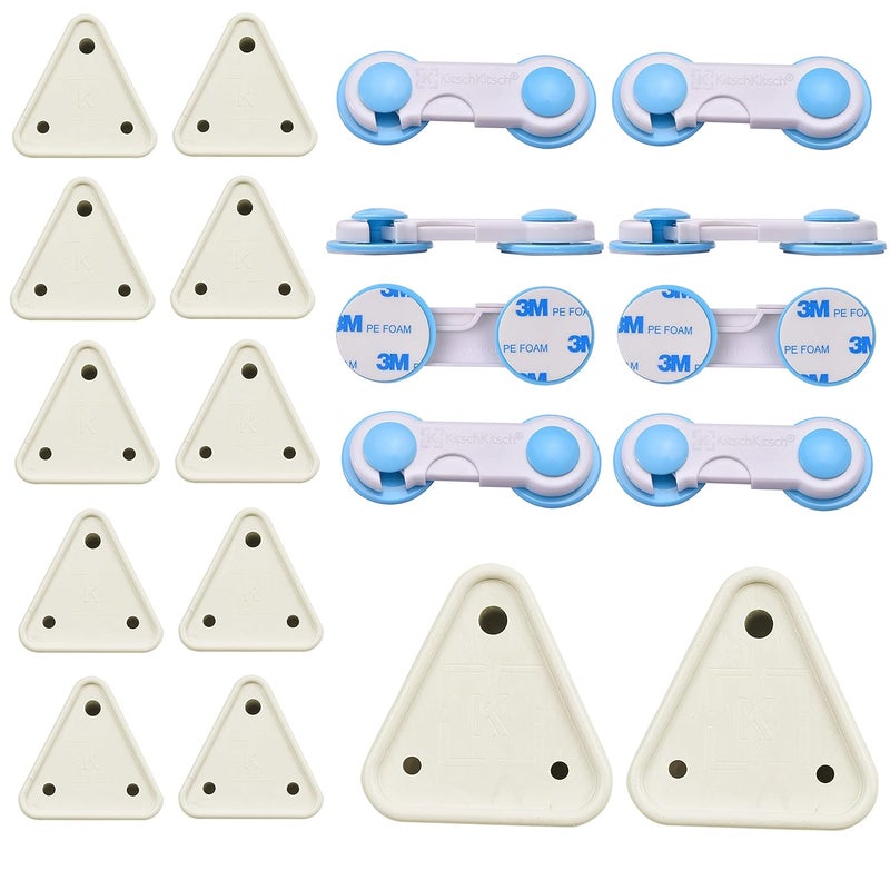KitschKitsch Baby Infant Child Proofing Safety Cabinet Cupboard Cabinet Lock and Socket Cover Combo 5A 15A (White) (Pack of 12 + 8 Blue Cabinet Locks) - Image 1