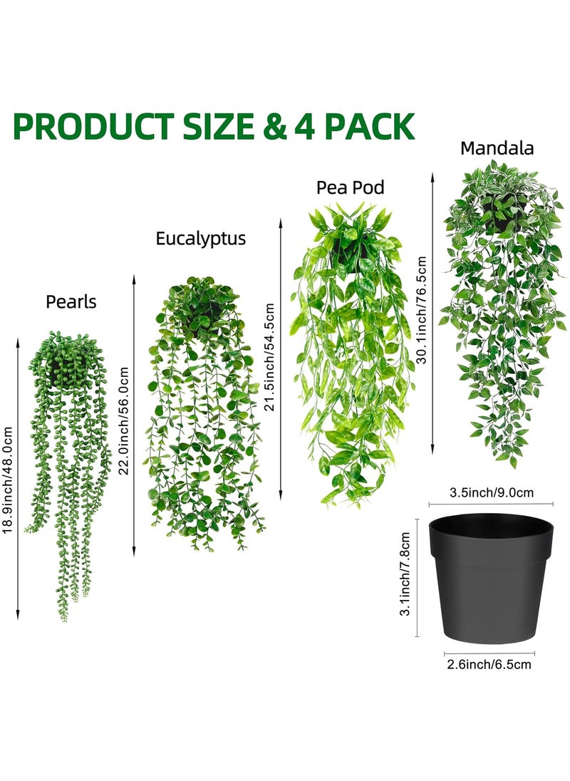Arabest - Artificial Hanging Plants  4 Pack Fake Potted Greenery Faux Eucalyptus Vine, Mandala Vine, String of Pearls,Pea pod Leaves in Pot for Office Living Room Bathroom Indoor Outdoor Décor - Image 1