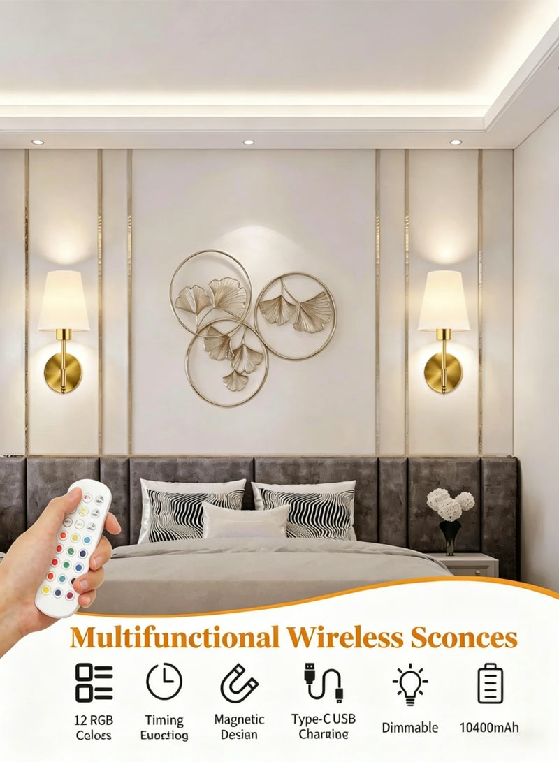 TELANPU 2 Pcs Battery Operated Wall Sconces, Gold Rechargeable Wireless Wall Lights with Detachable Dimmable RGB LED Bulbs, Remote Control, 12 RGB Colors , 3 Color Temperatures & 3-Level Timer, Cordless Wall Lamps for Wall Painting, Living Room, Bedroom, Hallway, Bathroom , Night Light - Image 2