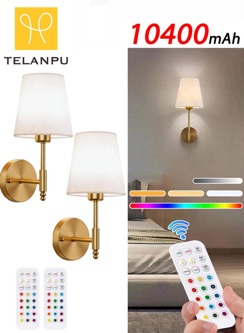 TELANPU 2 Pcs Battery Operated Wall Sconces, Gold Rechargeable Wireless Wall Lights with Detachable Dimmable RGB LED Bulbs, Remote Control, 12 RGB Colors , 3 Color Temperatures & 3-Level Timer, Cordless Wall Lamps for Wall Painting, Living Room, Bedroom, Hallway, Bathroom , Night Light - Image 1