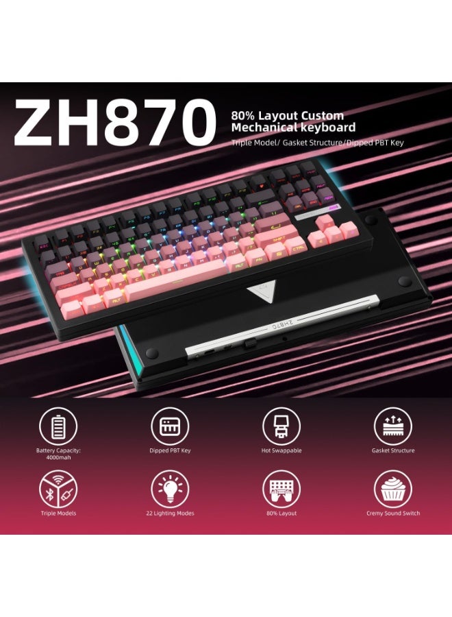 زورنر لوحة مفاتيح ألعاب ميكانيكية لاسلكية ZORNHER ZH870، لوحة مفاتيح مخصصة باللونين الوردي والأرجواني، بصوت كريمي بنسبة 80%، مع أغطية مفاتيح لامعة من مادة PBT، ومفاتيح خطية مُزيتة مسبقًا، وقابلة للتبديل السريع، وإضاءة خلفية RGB، و2.4 جيجاهرتز/USB-C/BT5.0 - Image 2