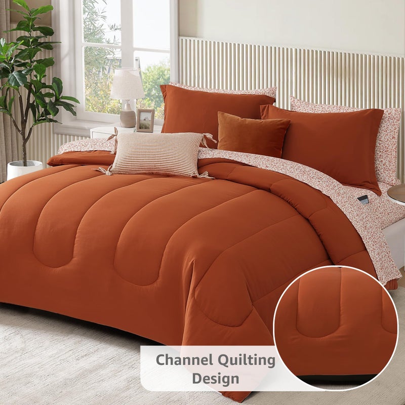 Monbix Queen Comforter Set - 7 Pieces Burnt Orange Bed in a Bag Queen Track Stitching Bedding Sets, All Seasons Comforter Bed Set with Sheets, Pillowcases & Shams - Image 2