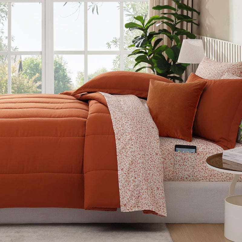 Monbix Queen Comforter Set - 7 Pieces Burnt Orange Bed in a Bag Queen Track Stitching Bedding Sets, All Seasons Comforter Bed Set with Sheets, Pillowcases & Shams - Image 3