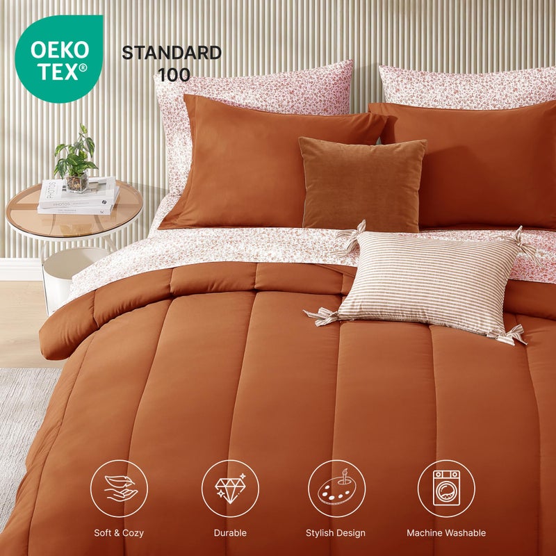 Monbix Queen Comforter Set - 7 Pieces Burnt Orange Bed in a Bag Queen Track Stitching Bedding Sets, All Seasons Comforter Bed Set with Sheets, Pillowcases & Shams - Image 4