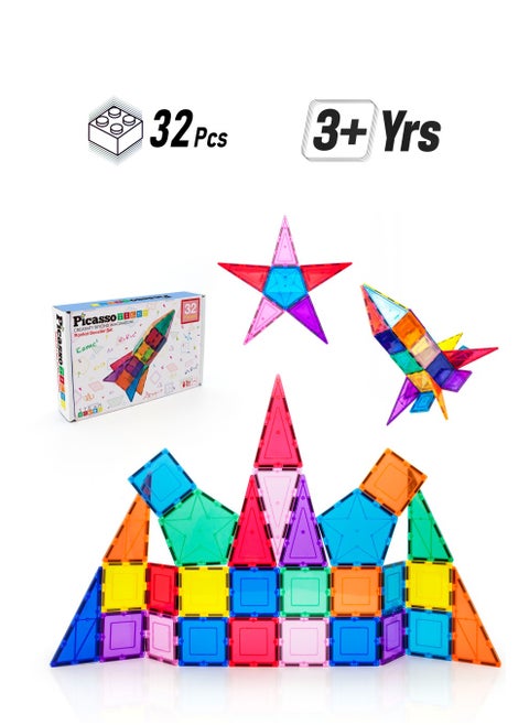 PicassoTiles Magnetic Tile Rocket Ship Toy – 32-Piece STEM Building Set for Kids Learning Playset Child Brain Development