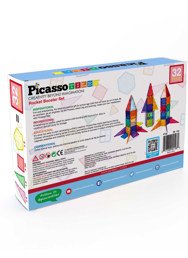 PicassoTiles - PicassoTiles Magnetic Tile Rocket Ship Toy – 32-Piece STEM Building Set for Kids Learning Playset Child Brain Development - Image 1