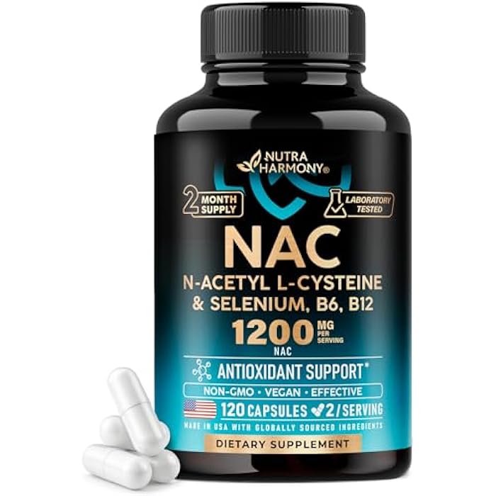 NUTRAHARMONY NAC Supplement | Selenium | B6 | B12 - Antioxidant, Immune Support - N Acetyl Cysteine 600 mg per Capsule, 1200 mg per Serving - Made in USA - Non-GMO, Gluten-Free, Vegan - 120 caps, 2 Month Supply - Image 1