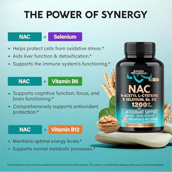NUTRAHARMONY NAC Supplement | Selenium | B6 | B12 - Antioxidant, Immune Support - N Acetyl Cysteine 600 mg per Capsule, 1200 mg per Serving - Made in USA - Non-GMO, Gluten-Free, Vegan - 120 caps, 2 Month Supply - Image 5