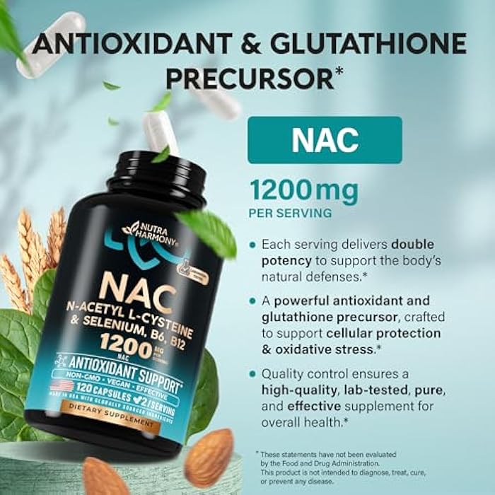 NUTRAHARMONY NAC Supplement | Selenium | B6 | B12 - Antioxidant, Immune Support - N Acetyl Cysteine 600 mg per Capsule, 1200 mg per Serving - Made in USA - Non-GMO, Gluten-Free, Vegan - 120 caps, 2 Month Supply - Image 4