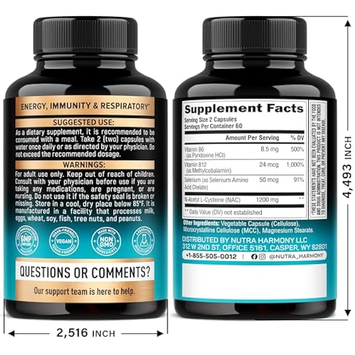 NUTRAHARMONY NAC Supplement | Selenium | B6 | B12 - Antioxidant, Immune Support - N Acetyl Cysteine 600 mg per Capsule, 1200 mg per Serving - Made in USA - Non-GMO, Gluten-Free, Vegan - 120 caps, 2 Month Supply - Image 2