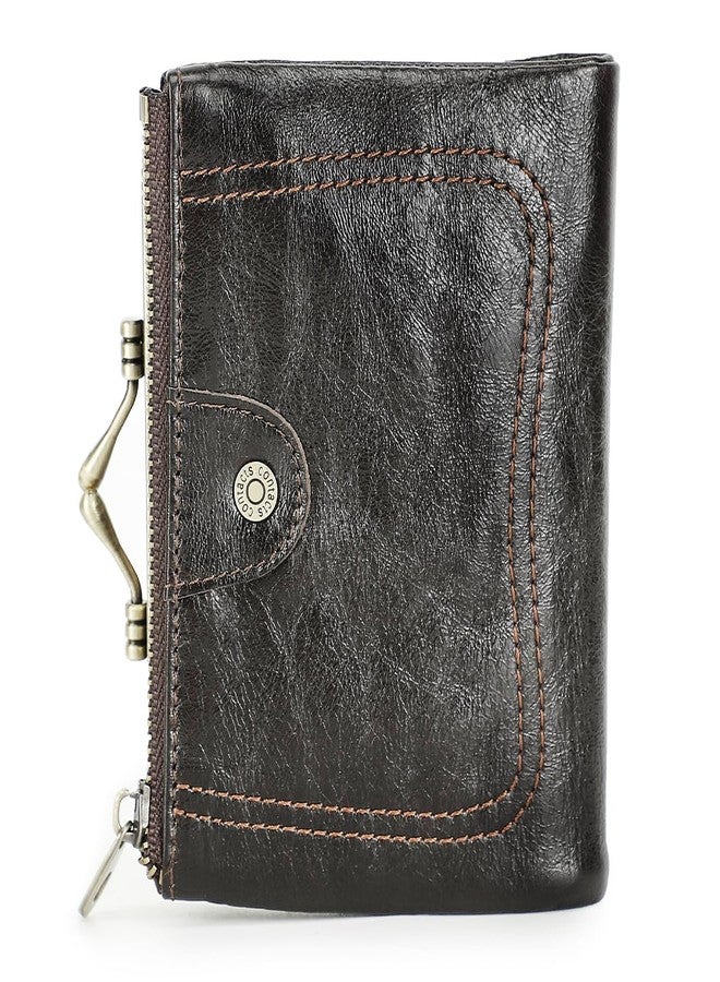 كونتاكتس محفظة كونتاكتس جلدية كاملة الحبيبات بقفل كبس للنساء، جيب صغير بسحاب للعملات المعدنية، محفظة ثنائية الطي بتصميم كلاسيكي، مزودة بتقنية RFID، حامل بطاقات مع نافذة للصورة - Image 1