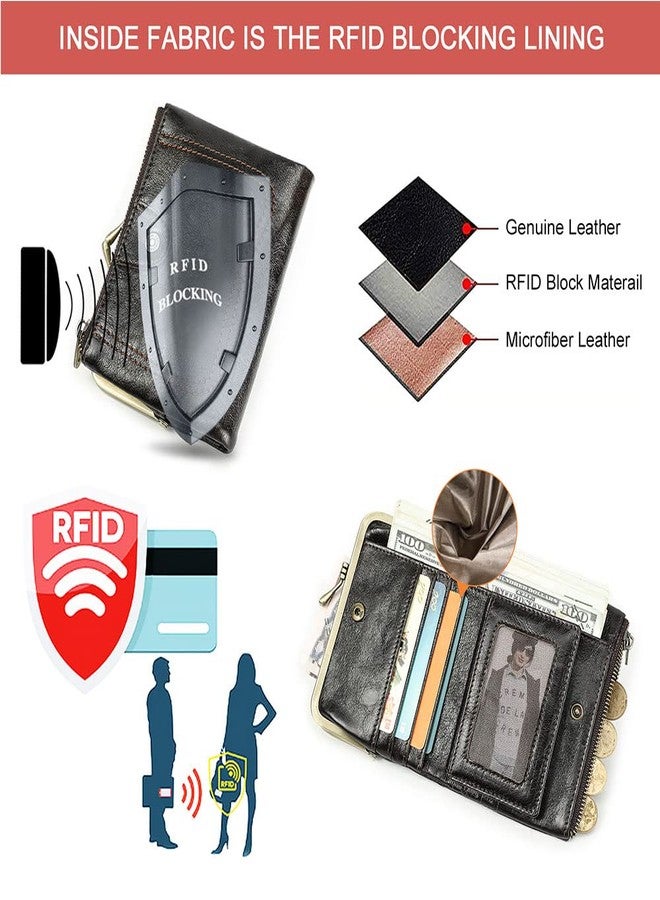 كونتاكتس محفظة كونتاكتس جلدية كاملة الحبيبات بقفل كبس للنساء، جيب صغير بسحاب للعملات المعدنية، محفظة ثنائية الطي بتصميم كلاسيكي، مزودة بتقنية RFID، حامل بطاقات مع نافذة للصورة - Image 3