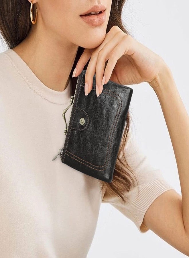 كونتاكتس محفظة كونتاكتس جلدية كاملة الحبيبات بقفل كبس للنساء، جيب صغير بسحاب للعملات المعدنية، محفظة ثنائية الطي بتصميم كلاسيكي، مزودة بتقنية RFID، حامل بطاقات مع نافذة للصورة - Image 2