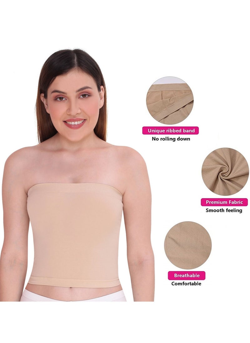 Glamroot - Women's Seamless Strapless Crop Tube Top Inner Camisole, Beige - Image 1