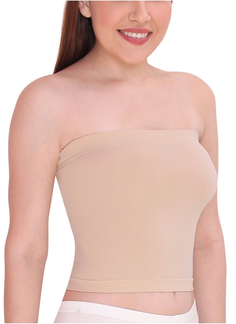 Glamroot - Women's Seamless Strapless Crop Tube Top Inner Camisole, Beige - Image 1