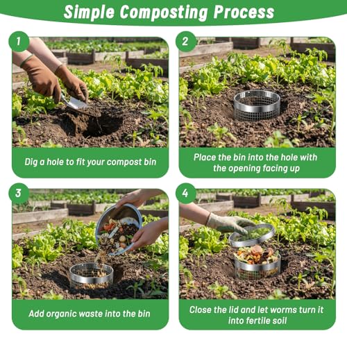 EcoBrisa Underground Worm Composting Bin, Metal Compost Bin for Recycling Kitchen Food Waste, Outdoor Worm Compost Bin with Holes and Lid Use in Outdoor Garden Vegetable Patch Backyard (Silvery 2pcs) - Image 4
