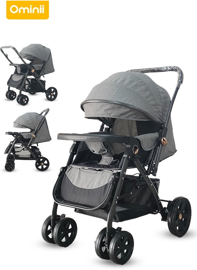 Ominii Luxury High Landscape Baby Stroller, Reversible Handle × Spacious Seat × Premium Fabric, One-Hand Fold, All-Terrain Suspension, 70KG Load, Triple Storage, Multi-Angle Recline, 5-Point Harness – Grey 