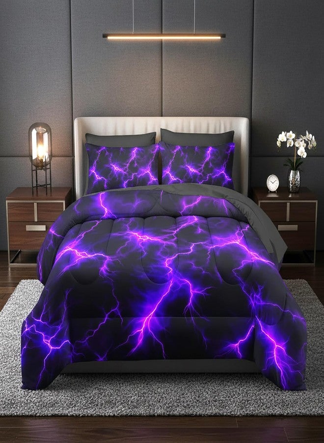 QOOMO Purple Lightning 7 Pieces Comforter Set Queen Size,Neon Lightning Bedding Set for Kids-Include 1 Comforter,1 Fitted Sheet,1 Flat Sheet,2 Printing Pillowcases and 2 Black Pillowcases - Image 1