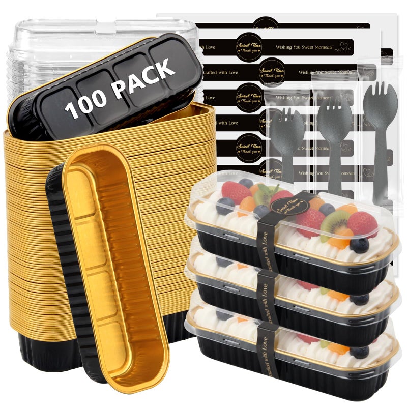 Ruckae 100 Pack Mini Loaf Pan Mini Loaf Baking Pans with Lids and Spoons,Disposable Aluminum Foil Pans, Rectangle Tin Foil Pans with Lids for Home, Pary, Picnics (Black Gold) - Image 1