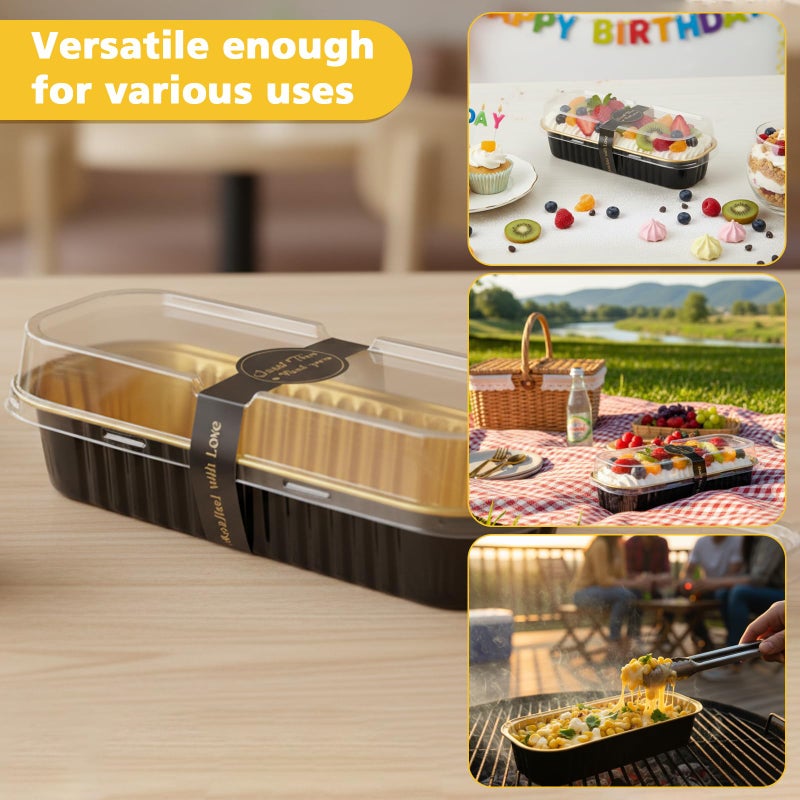 Ruckae 100 Pack Mini Loaf Pan Mini Loaf Baking Pans with Lids and Spoons,Disposable Aluminum Foil Pans, Rectangle Tin Foil Pans with Lids for Home, Pary, Picnics (Black Gold) - Image 4