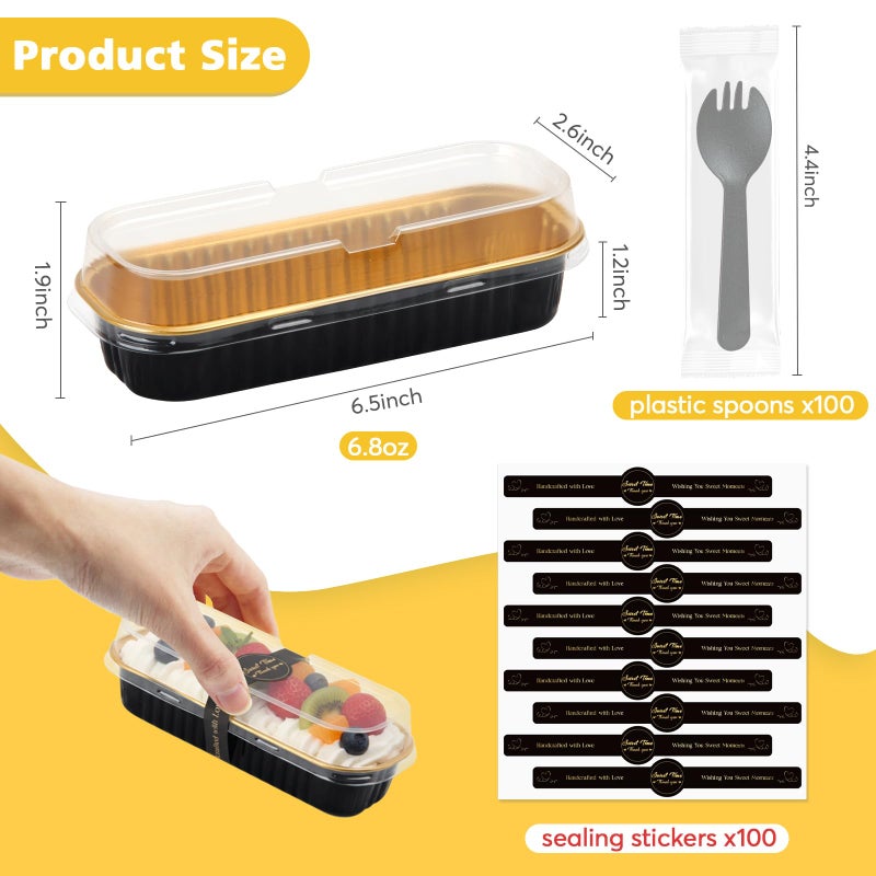 Ruckae 100 Pack Mini Loaf Pan Mini Loaf Baking Pans with Lids and Spoons,Disposable Aluminum Foil Pans, Rectangle Tin Foil Pans with Lids for Home, Pary, Picnics (Black Gold) - Image 3