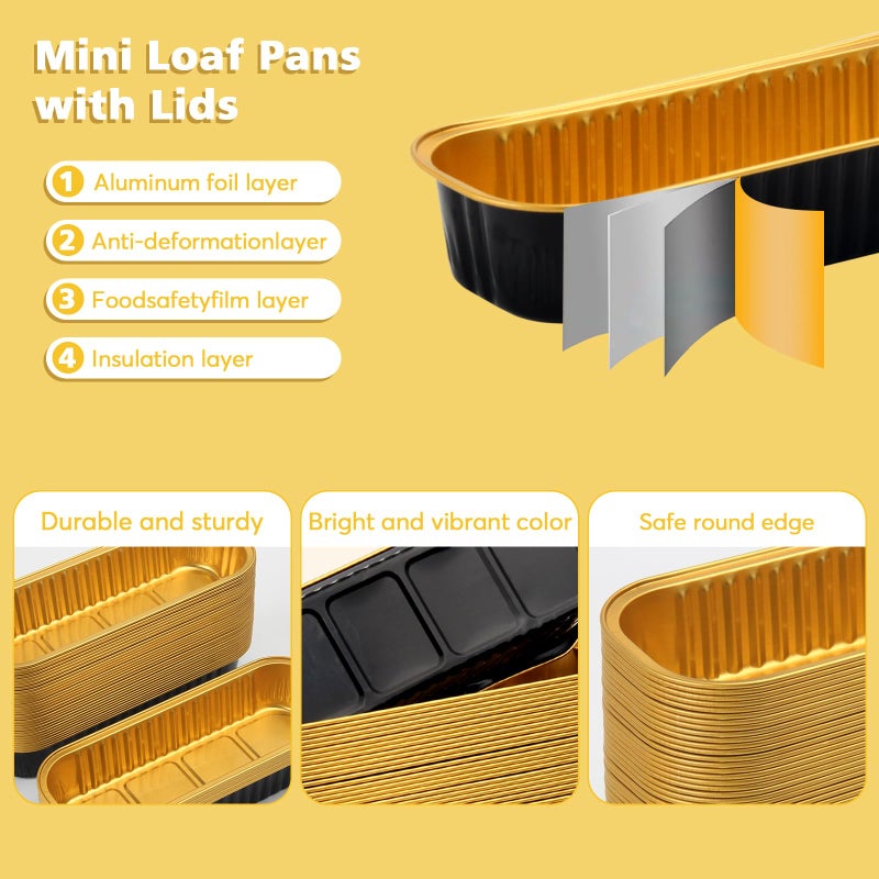 Ruckae 100 Pack Mini Loaf Pan Mini Loaf Baking Pans with Lids and Spoons,Disposable Aluminum Foil Pans, Rectangle Tin Foil Pans with Lids for Home, Pary, Picnics (Black Gold) - Image 2