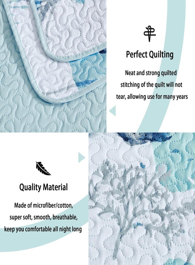 Tritard 3 Piece Coastal Quilt Sets King Size Nautical Reversible Lightweight Bedspread Coverlet with 2 Shams Blue Starfish Conch Beach Microfiber Bedding Quilt Set for All Season, 106''x96'' - Image 3