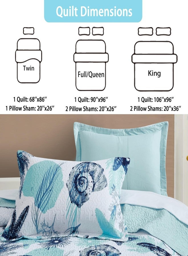 Tritard 3 Piece Coastal Quilt Sets King Size Nautical Reversible Lightweight Bedspread Coverlet with 2 Shams Blue Starfish Conch Beach Microfiber Bedding Quilt Set for All Season, 106''x96'' - Image 5