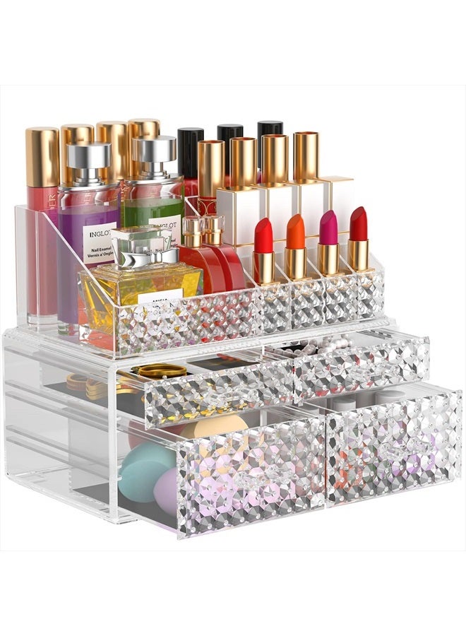 Awenia Makeup Organizer with Drawers[Upgraded]-2pcs Acrylic Make up Organizers and Storage Case for Cosmetics,Brush,Perfume,Jewelry Display, Vanity and Bathroom Accessories(Clear-4 Drawers, 2 Adjustab - Image 1
