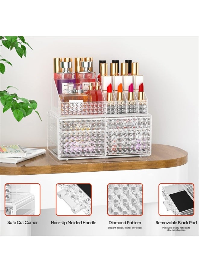 Awenia Makeup Organizer with Drawers[Upgraded]-2pcs Acrylic Make up Organizers and Storage Case for Cosmetics,Brush,Perfume,Jewelry Display, Vanity and Bathroom Accessories(Clear-4 Drawers, 2 Adjustab - Image 3
