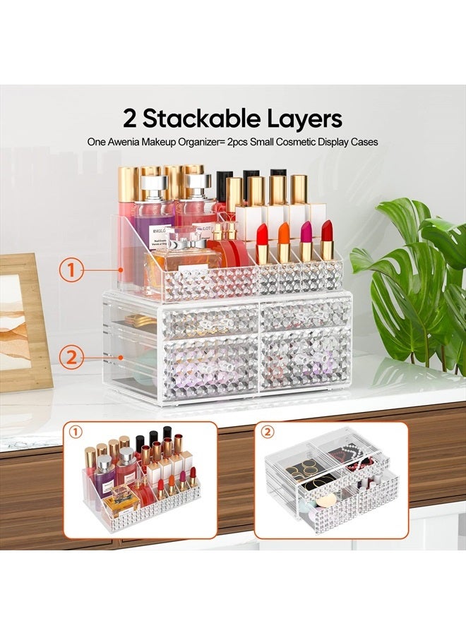 Awenia Makeup Organizer with Drawers[Upgraded]-2pcs Acrylic Make up Organizers and Storage Case for Cosmetics,Brush,Perfume,Jewelry Display, Vanity and Bathroom Accessories(Clear-4 Drawers, 2 Adjustab - Image 2