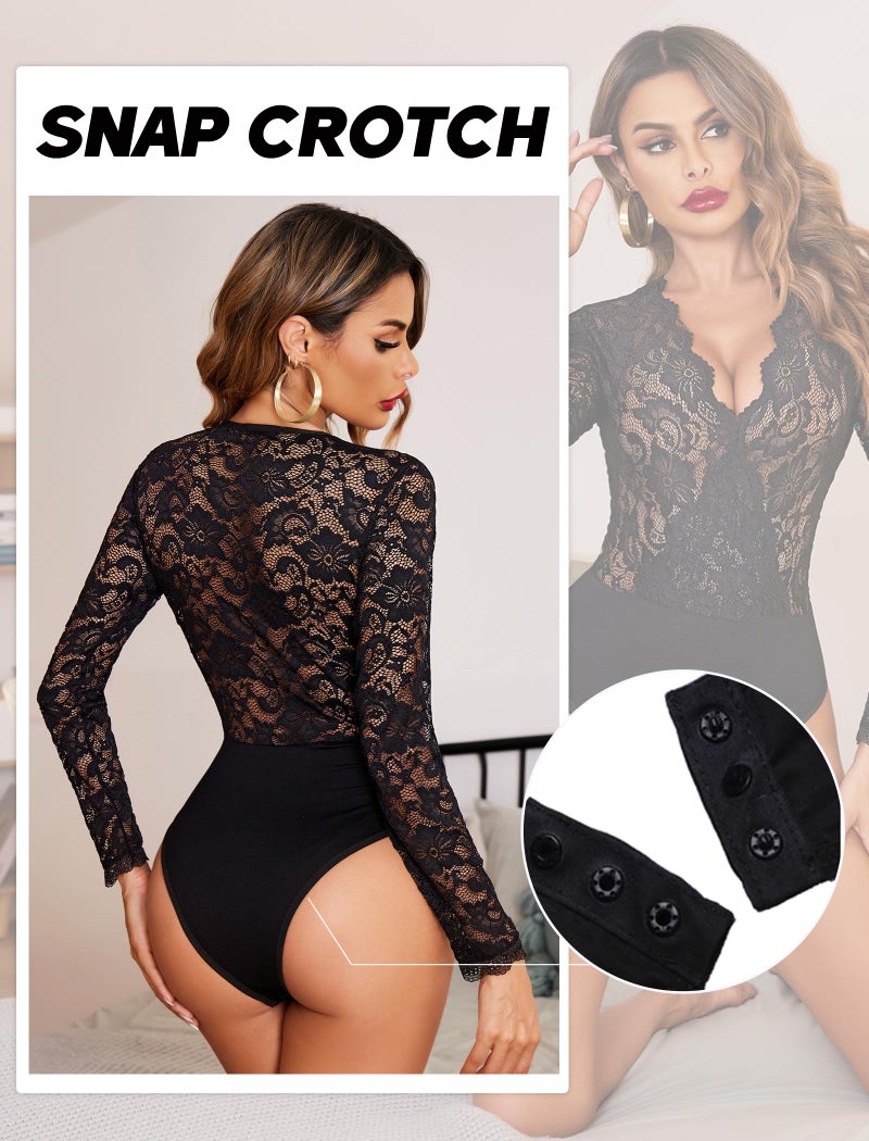 Avidlove Womens Long Sleeve Black Bodysuit V Neck Lace Body Suits Going Out Tops Snap Crotch One Piece Teddy Lingerie - Image 3