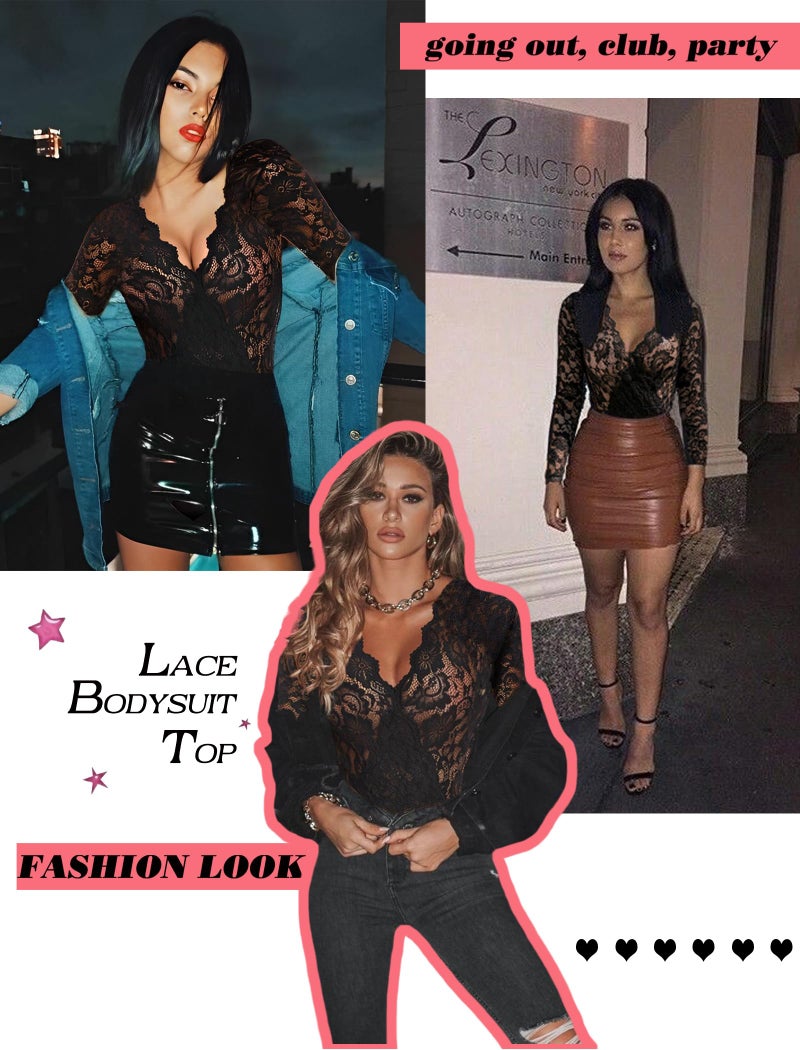 Avidlove Womens Long Sleeve Black Bodysuit V Neck Lace Body Suits Going Out Tops Snap Crotch One Piece Teddy Lingerie - Image 2
