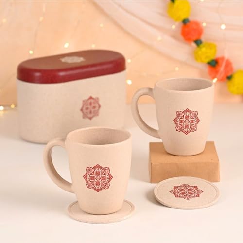 Eha Earth-Friendly Wedding Gifts for Couple | Gifts Made with Rice Husk Biocomposite | Mandala Printed Mug and Coasters Set of 2, Keychain, Loopac Box | 300 ml | Sand Castle - Image 1