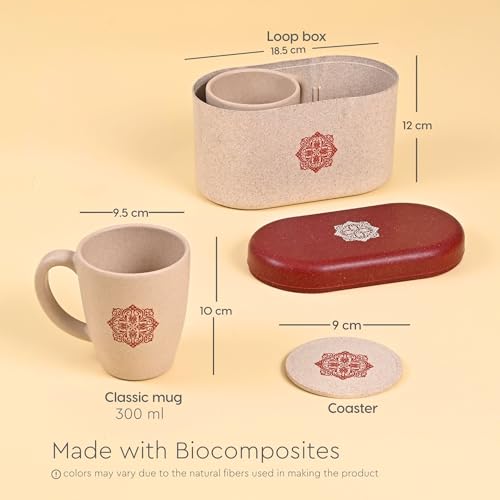 Eha Earth-Friendly Wedding Gifts for Couple | Gifts Made with Rice Husk Biocomposite | Mandala Printed Mug and Coasters Set of 2, Keychain, Loopac Box | 300 ml | Sand Castle - Image 3