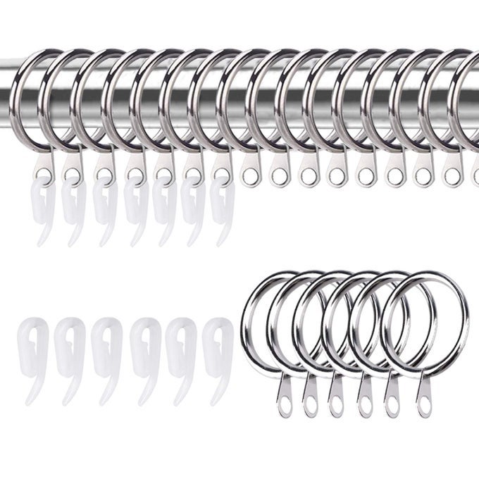 50 Pack Curtain Rings and Hooks 30mm Metal Drapery Curtain Rings Hooks Plastic White Drape Sliding Eyelet Ring Silver