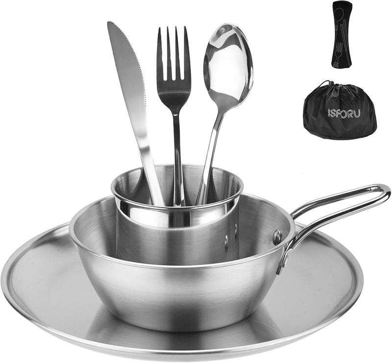 ISFORU ISFORU Camping Cutlery Set, 8-Piece Outdoor Travel Cutlery Set Stainless Steel 1 Pair Folding Cutlery with Neoprene Case 1 Plate 1 Bowl 1 Cup for 1 Person Ideal for Outdoor Cookware Travel Camping - Image 1