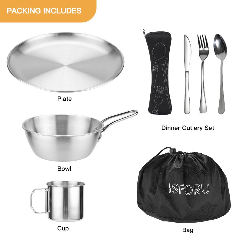 ISFORU ISFORU Camping Cutlery Set, 8-Piece Outdoor Travel Cutlery Set Stainless Steel 1 Pair Folding Cutlery with Neoprene Case 1 Plate 1 Bowl 1 Cup for 1 Person Ideal for Outdoor Cookware Travel Camping - Image 2
