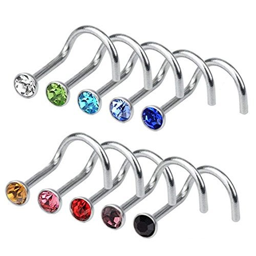 Rbenxia 20G 316L Nose Studs Rings 2.2MM Rhinestone Stainless Steel Nose Body Piercing Rings 10 Pcs Random Color for Unisex - Image 1