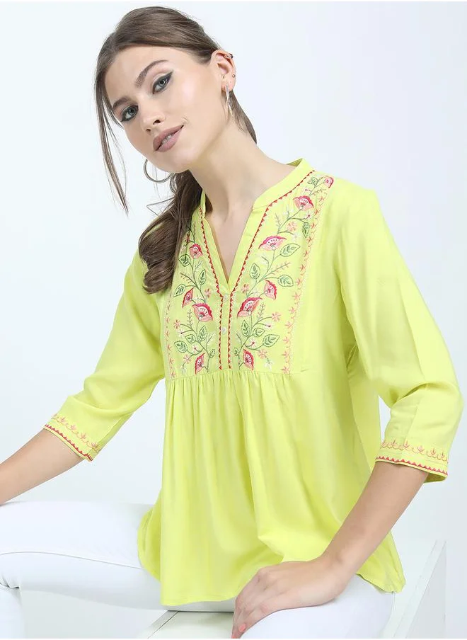 Vishudh Women Yellow Embroidered Floral Top by Styli
