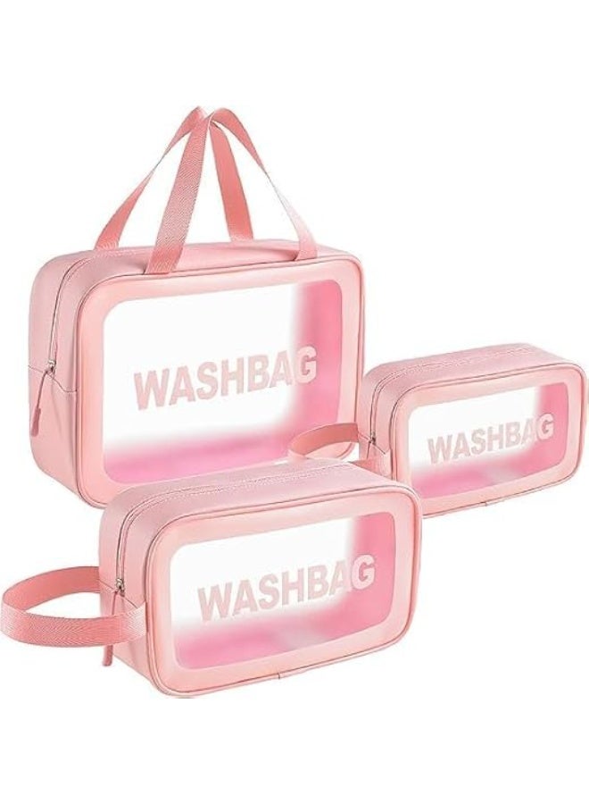 Clear Toiletry Bags, Waterproof Travel Washbags with Zipper, 3-Pack Set in Different Sizes (Pink, 3 Pack) - Image 1
