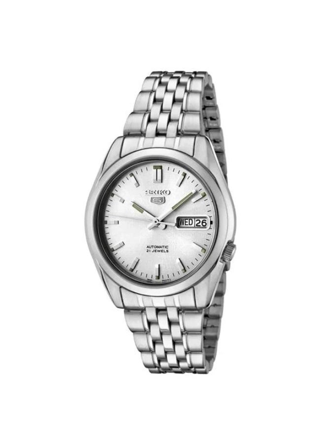 Seiko 5 SNK355K1 Automatic Men's Watch with Silver Dial Stainless Steel Bracelet Day Date Display Hardlex Crystal and 30M Water Resistance - Image 1
