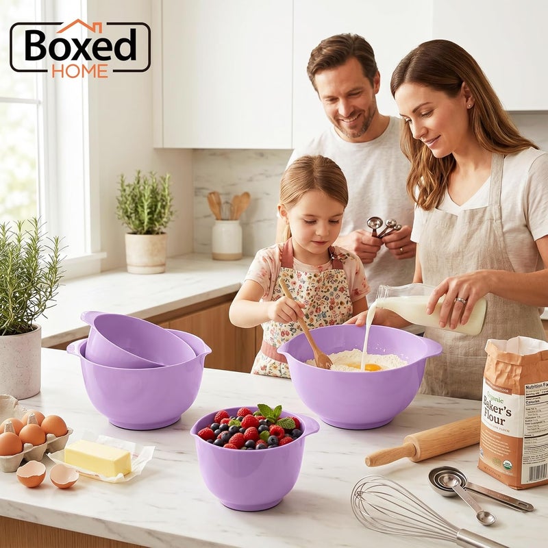 BoxedHome مجموعة أوعية خلط من مكونة من 4 قطع، بلاستيك خالٍ من BPA، أرجواني - مع فوهة، قاعدة مانعة للانزلاق ومقبض، قابلة للتكديس، آمنة للاستخدام في غسالة الأطباق والميكروويف، مثالية للخبز والطهي - Image 2