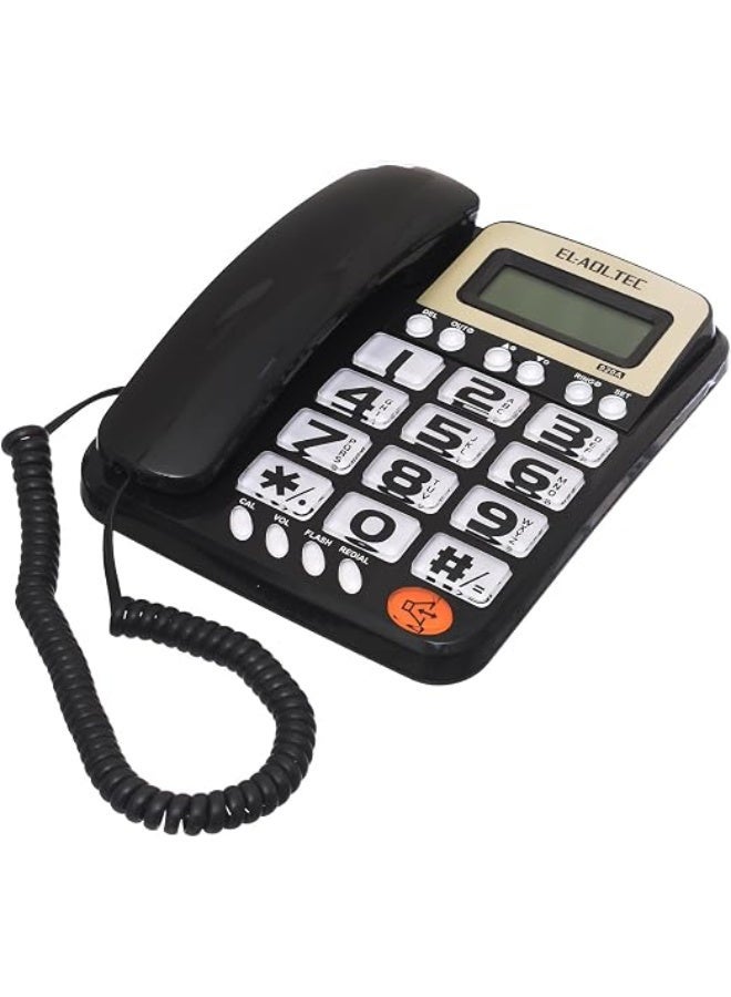 Corded landline phone with caller ID display and calculator, keypad, plastic casing, black - Image 1
