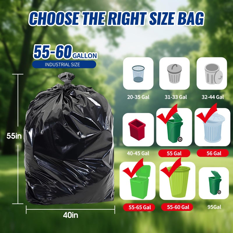 AROIC 120 Count 55-60 Gallon Trash Bags, Tear-Free Large Black Garbage Bags for Kitchen, Office, Outdoor, Commercial Use, Lawn and Leaf Bags, Lightweight 17 Micron Design for Daily Dry Waste - Image 3